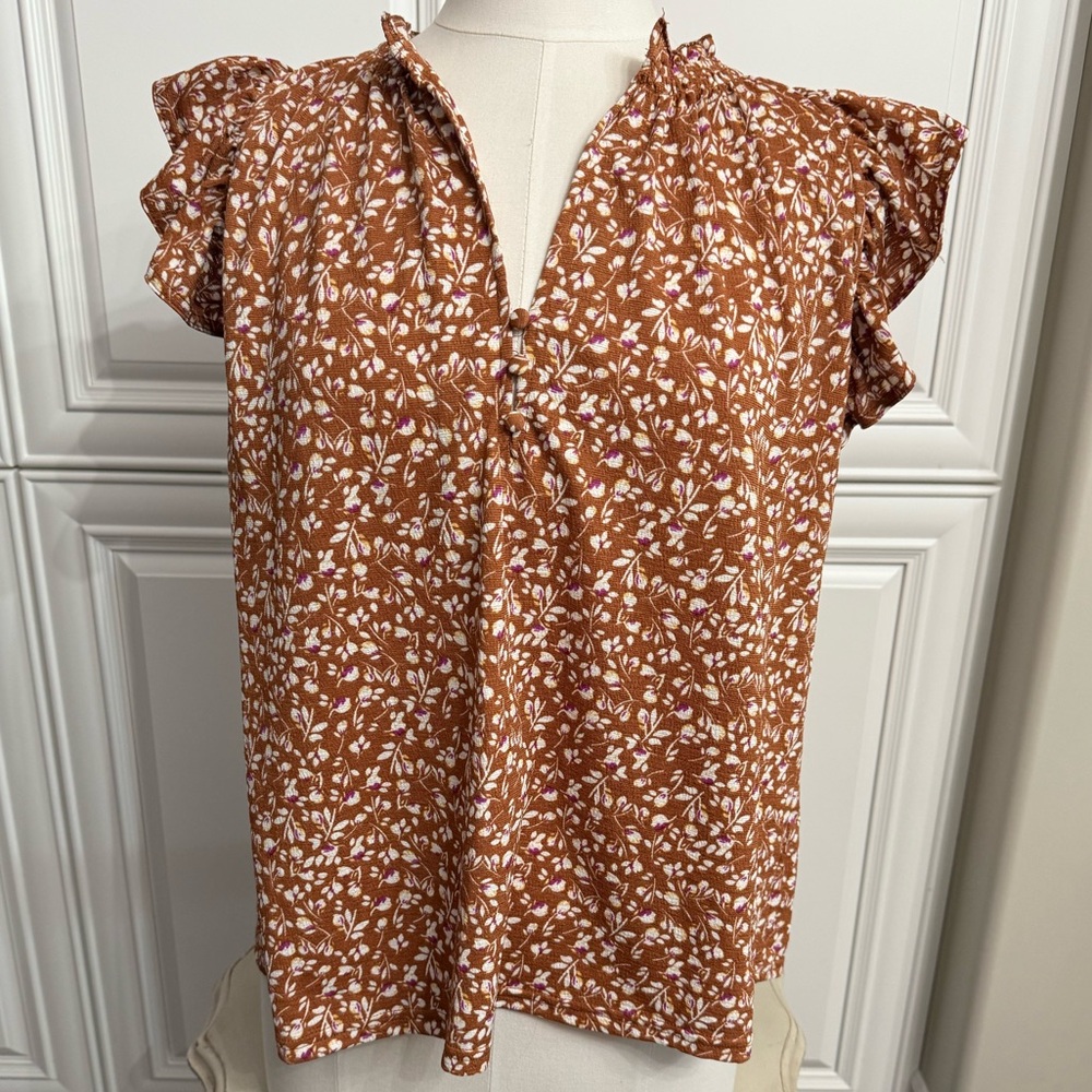 Melloday Women's Size Medium Flutter Sleeve Brown /White Blouse V-Neck with Ties